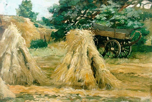 Jan Visser jr. | Korenschoven, olieverf op papier op schildersboard, 39,0 x 55,0 cm, gesigneerd l.o.