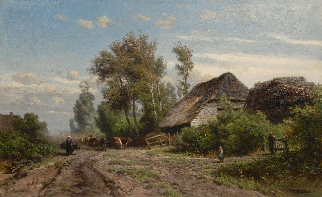 Jan Willem van Borselen | Landvolk en koeien bij een boerderij, olieverf op doek, 65,5 x 106,6 cm, gesigneerd l.o.