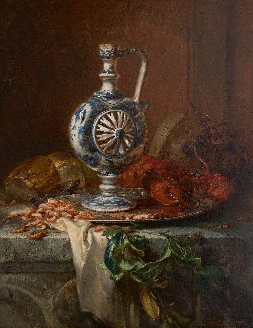 Maria Vos | Stilleven met Delfts aardewerken fopkan, tinnen schaal, kreeft en garnalen (incl. fopkan), olieverf op doek, 84,4 x 67,3 cm, gesigneerd r.o. en gedateerd Jan. 1868