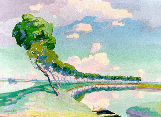 Dirk Smorenberg | Gebogen populieren in polderlandschap, olieverf op doek, 37,7 x 47,0 cm, gesigneerd l.o. en gedateerd 1917