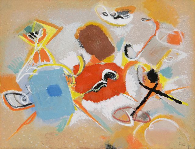Piet Ouborg | In heftige beweging, gouache op papier op board, 50,5 x 65,1 cm, gesigneerd r.o. met initialen en gedateerd '48