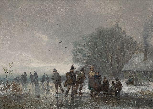 Adolf Stademann | IJspret op bevroren waterpartij, olieverf op doek op paneel, 33,5 x 46,2 cm, gesigneerd l.o.