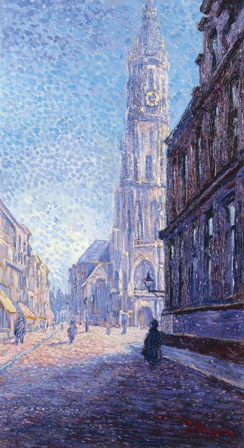 Jan Kruysen | Markt en toren te Delft bij morgenzon, olieverf op doek, 70,5 x 39,2 cm, gesigneerd r.o.