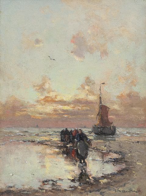 Morgenstjerne Munthe | Strandgezicht met vissers en bomschuit bij avondschemer, olieverf op doek, 40,3 x 30,0 cm, gesigneerd r.o. en gedateerd '19