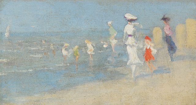 Hendrik Steenwijk | Strandgezicht met badgasten, olieverf op doek op board, 13,2 x 24,2 cm