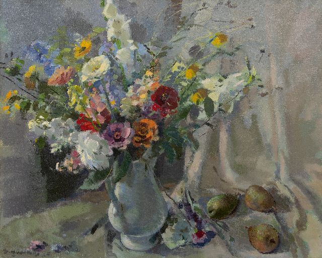 Daan Mühlhaus | Stilleven met zomerboeket en peren, olieverf op doek, 80,5 x 100,5 cm, gesigneerd l.o.