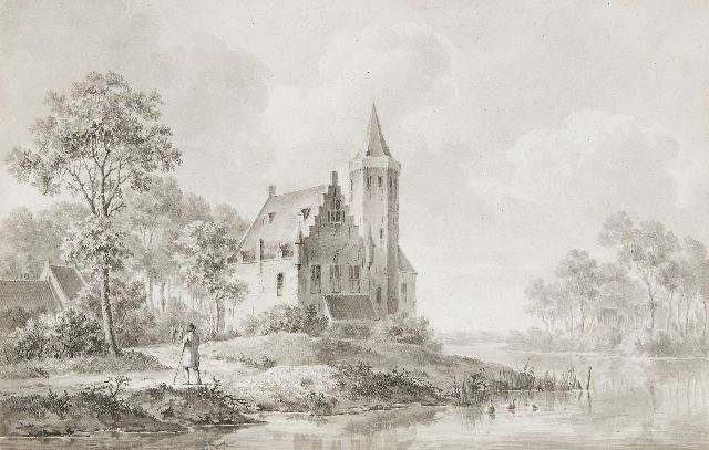 Barend Cornelis Koekkoek | Reizigers bij een kasteel op de rivieroever, gewassen inkt op papier, 18,0 x 27,5 cm