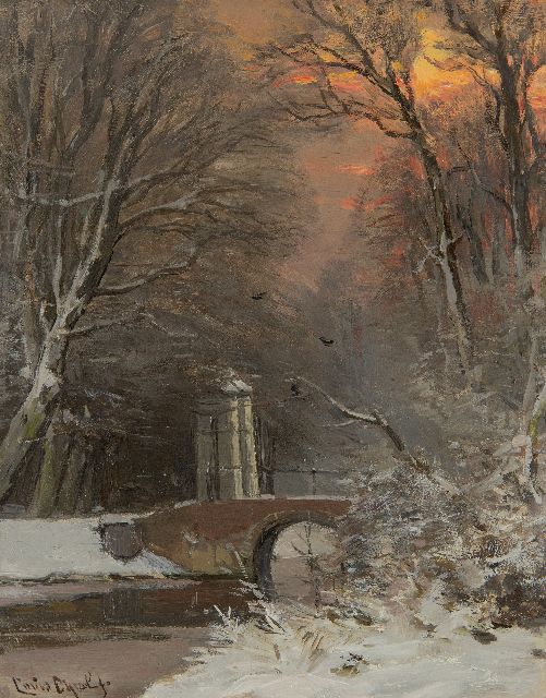 Louis Apol | Doorkijkje in besneeuwd bos bij schemering, olieverf op paneel, 27,4 x 21,9 cm, gesigneerd l.o.