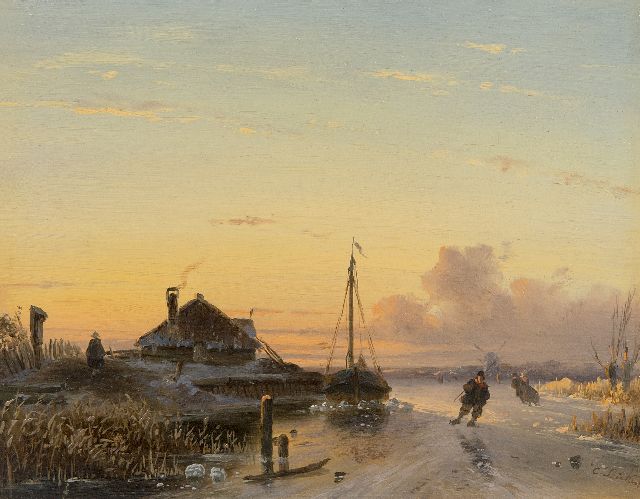 Charles Leickert | Schaatsers op het ijs bij ondergaande zon  i.o., olieverf op paneel, 17,0 x 21,0 cm, gesigneerd r.o. en te dateren ca. 1846-50