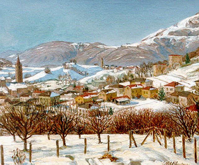 Nel Kluitman | Dorp aan de voet van een berg, olieverf op doek, 49,8 x 59,9 cm, gesigneerd r.o. en gedateerd Jan. '70
