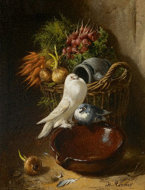 Henriette Ronner-Knip | Sierduiven bij een mand met groente, olieverf op paneel, 18,9 x 15,5 cm, gesigneerd r.o.