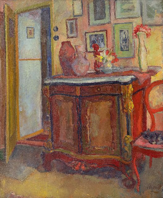 Cornelis Kievit | Interieur, olieverf op doek, 70,0 x 55,0 cm, gesigneerd r.o.
