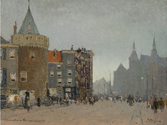 Herman Heuff | De Prins Hendrikkade met de Scheierstoren, Amsterdam, olieverf op doek op board, 35,1 x 47,1 cm, gesigneerd r.o. en gedateerd 1923, zonder lijst