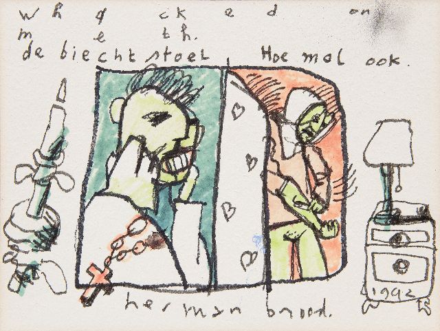 Herman Brood | De biechtstoel, viltstift op papier, 29,0 x 38,8 cm, gesigneerd m.o. en gedateerd 1992
