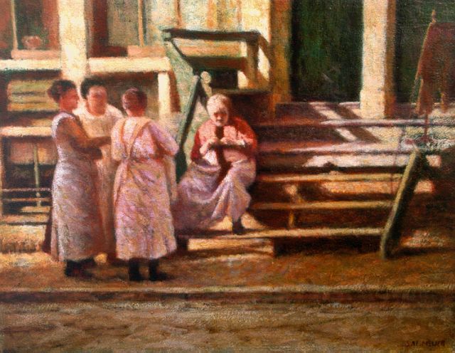 Sal Meijer | Pratende vrouwen in Amsterdamse straat, olieverf op paneel, 21,2 x 27,0 cm, gesigneerd r.o.