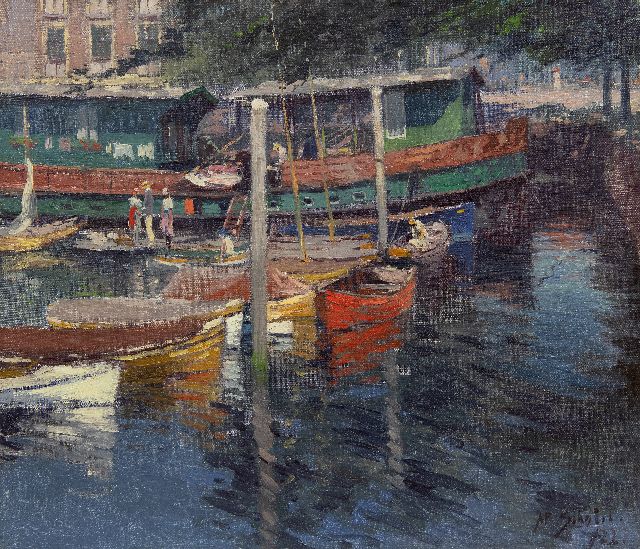 A.P. Schotel | Zonnig haventje, Dordrecht, olieverf op doek, 59,5 x 69,5 cm, gesigneerd r.o. en gedateerd '22