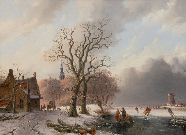Anthony Andreas de Meijier | Schaatsers op het ijs bij een stadje, olieverf op paneel, 52,1 x 72,1 cm, gesigneerd l.o.