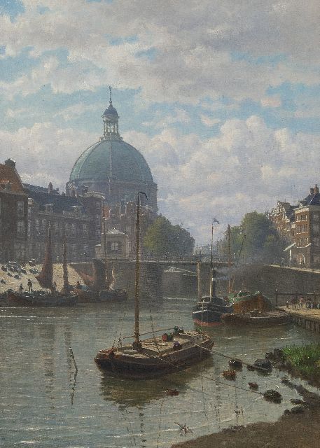 Coen Greive | Afgemeerde werkschepen voor de Amsterdamse Haarlemmersluis bij de Ronde Lutherse Kerk, olieverf op doek, 57,9 x 42,4 cm, gesigneerd r.o. en gedateerd 1890