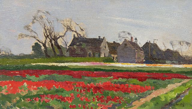 Arend Jan van Driesten | Bollenvelden, olieverf op schildersboard, 28,5 x 49,7 cm, gesigneerd r.o.
