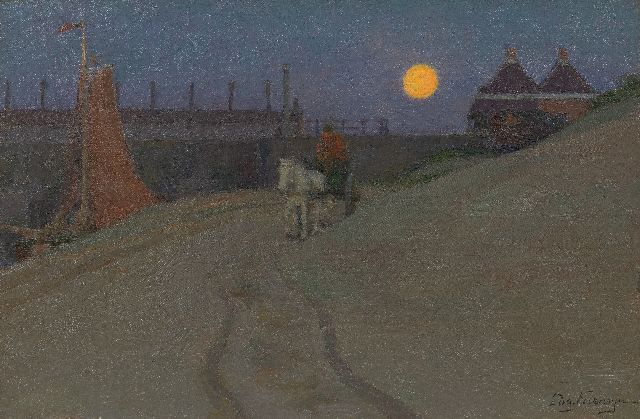Edgard Farasijn | De Watering bij Katwijk bij maanlicht, olieverf op doek, 35,2 x 53,2 cm, gesigneerd r.o.