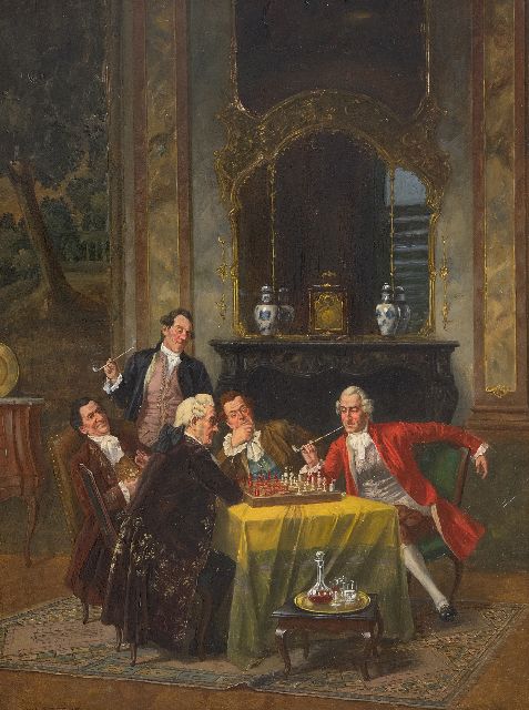 Albert Franke | Een spannende schaakpartij, olieverf op paneel, 40,1 x 29,6 cm, gesigneerd l.o.