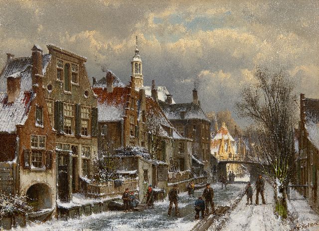 Willem Koekkoek | Winters stadsgezicht met schaatsers, olieverf op doek, 44,5 x 60,5 cm, gesigneerd r.o.