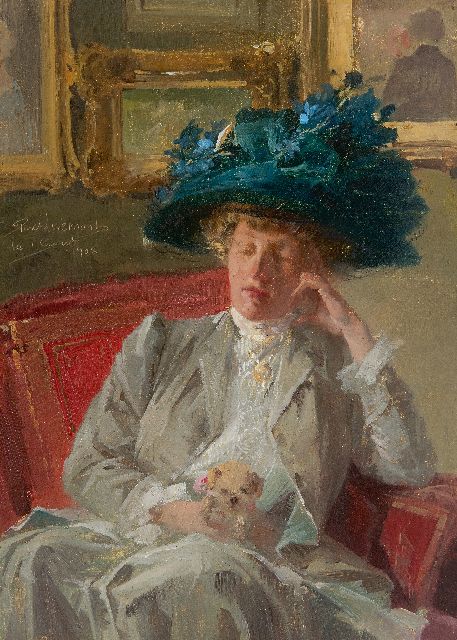 Privat Livemont | Op de tentoonstelling: vrouw met blauwe hoed en schoothondje, olieverf op board, 33,1 x 24,0 cm, gesigneerd l.m. en gedateerd 'le 1 Aout' 1908