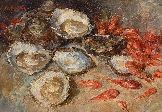 Arthur Navez | Stilleven van oesters en garnalen, olieverf op doek, 35,0 x 50,2 cm, gesigneerd l.b.
