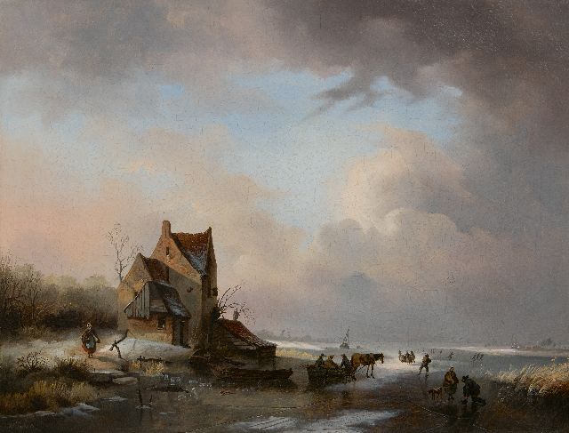 Ferdinand Hendrik Sijpkens | Bevroren rivierlandschap met schaatsers, olieverf op doek, 46,5 x 60,3 cm, gesigneerd l.o. en zonder lijst