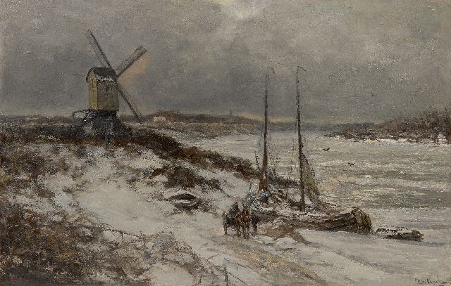 Louis Apol | Besneeuwd gezicht op de IJssel met afgemeerde tjalken, olieverf op doek, 58,6 x 90,3 cm, gesigneerd r.o. en gedateerd 1928