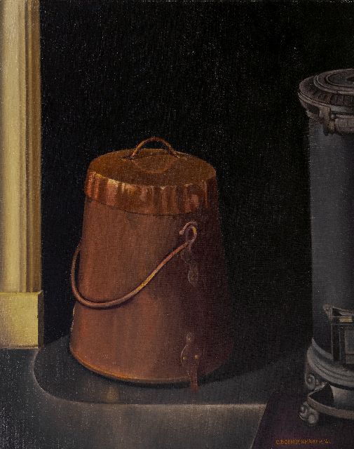 Kees Boendermaker | Stilleven met koperen doofpot en potkachel, olieverf op doek, 83,4 x 67,5 cm, gesigneerd r.o. en gedateerd '41, zonder lijst
