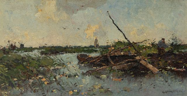 Aris Knikker | Polderlandschap met schuiten, olieverf op doek op board, 21,6 x 40,6 cm, gesigneerd r.o.