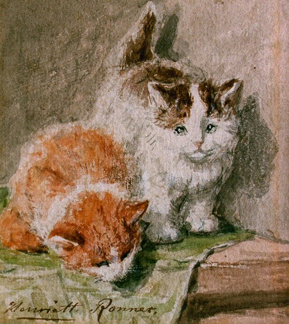 Henriette Ronner-Knip | Twee katjes op een tafel, aquarel op papier, 11,5 x 9,5 cm, gesigneerd l.o.