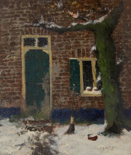 Ligtelijn E.J.  | Achtererfje in de sneeuw, olieverf op doek 60,3 x 50,3 cm, gesigneerd r.o. en zonder lijst