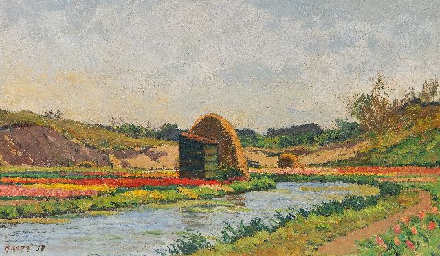 Adriaan Keus | Bollenveld met rietschelf achter de duinen bij Overveen, olieverf op paneel, 30,0 x 49,6 cm, gesigneerd l.o. en gedateerd '38 zonder lijst
