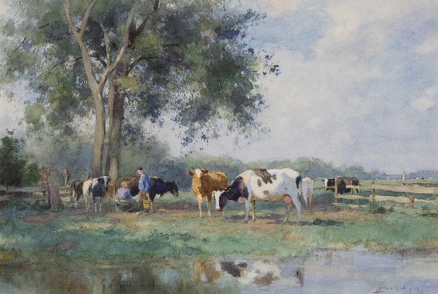Adriaan Groenewegen | In de melkbocht, aquarel op papier, 34,1 x 51,2 cm, gesigneerd r.o.