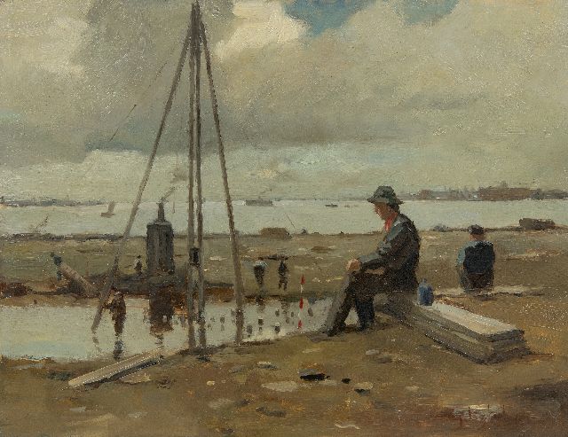 Evert Jan Ligtelijn | Schafttijd bij de bouwput, olieverf op paneel, 35,4 x 45,8 cm, gesigneerd r.o.