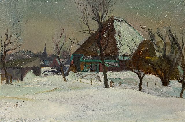 Harrie Kuijten | Boerderij in de sneeuw (vermoedelijk Groet), olieverf op doek, 40,0 x 60,2 cm, gesigneerd r.o. en op spieraam gedateerd 1942