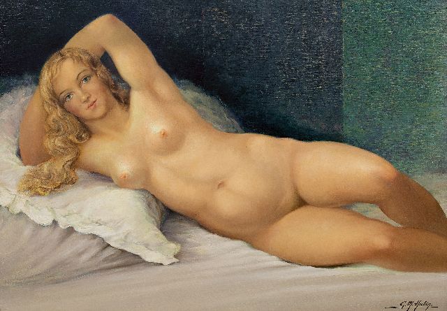 Hubin G.M.  | Liggend naakt, olieverf op doek 74,0 x 102,2 cm, gesigneerd r.o.
