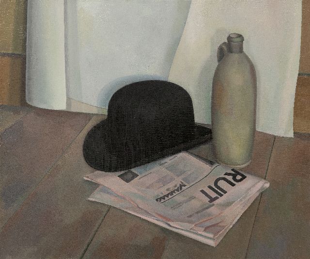 Jos van den Berg | Stilleven met bolhoed, kruik en het dagblad Vooruit, olieverf op doek, 60,3 x 70,5 cm, gesigneerd op spieraam