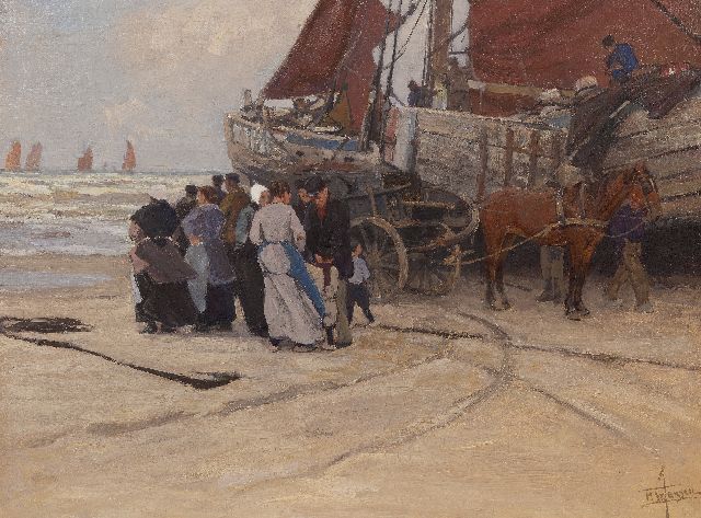 Hendrik Willebrord Jansen | Het vertrek van de vissers, Katwijk, olieverf op doek, 62,0 x 83,0 cm, gesigneerd r.o.