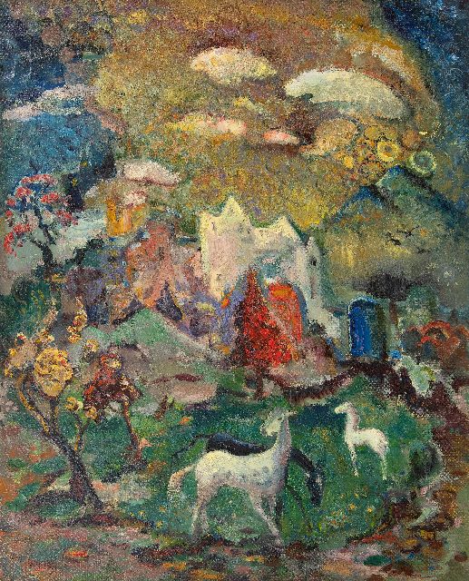 Henk Gorter | Droomlandschap met paarden, olieverf op doek, 79,5 x 64,4 cm, gesigneerd l.o.