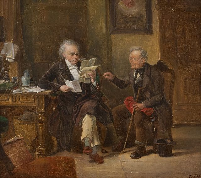 David Bles | Bij de notaris, olieverf op paneel, 17,7 x 19,8 cm, gesigneerd r.o.