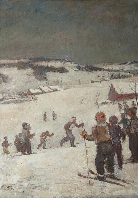 Oplt O.  | De skiloopwedstrijd, olieverf op doek 99,7 x 72,8 cm, gesigneerd l.o. en gedateerd '52