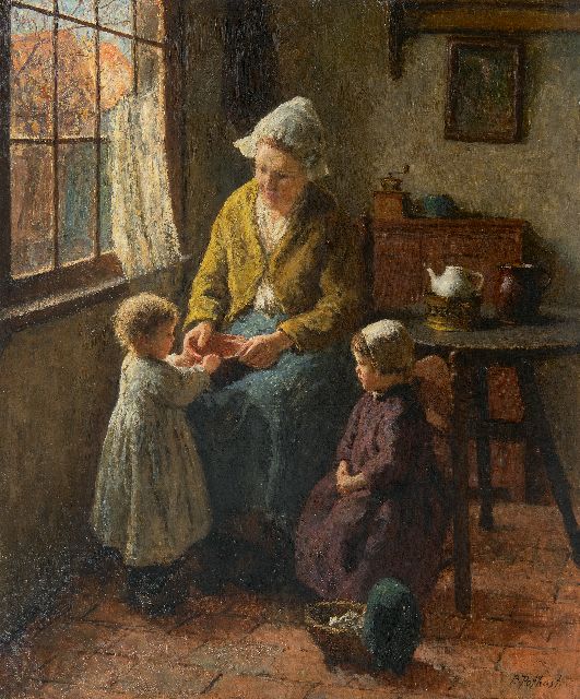 Bernard Pothast | Larens interieur met moeder en kinderen, olieverf op doek, 59,9 x 49,8 cm, gesigneerd r.o. en zonder lijst