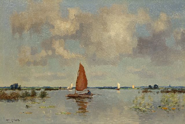 Jan Knikker sr. | Plasgezicht met boten, olieverf op doek, 40,4 x 60,5 cm, gesigneerd l.o.
