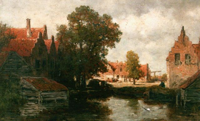 Willem Roelofs | Huizen aan het water bij stadsrand, olieverf op paneel, 33,4 x 48,0 cm, gesigneerd r.o.