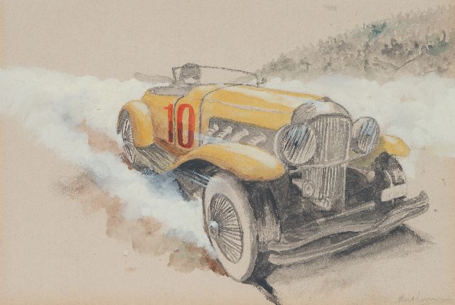 Onbekend | Raceauto nr. 10 in actie (set van 5, prijs per stuk), potlood, aquarel en gouache op papier, 19,8 x 28,9 cm, gesigneerd r.o.