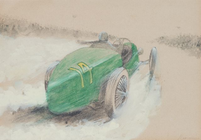 Onbekend | Raceauto nr. 14 in actie (set van 5, prijs per stuk), potlood, aquarel en gouache op papier, 20,0 x 28,9 cm, gesigneerd r.o.