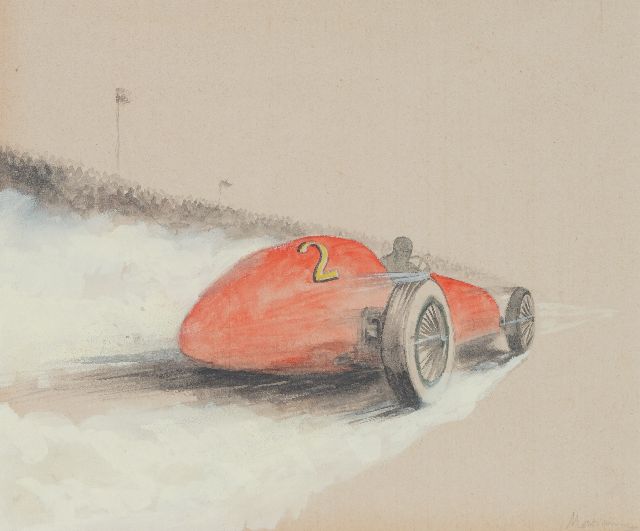 Onbekend | Raceauto nr. 2 in actie (set van 5, prijs per stuk), potlood, aquarel en gouache op papier, 19,4 x 25,0 cm, gesigneerd r.o.